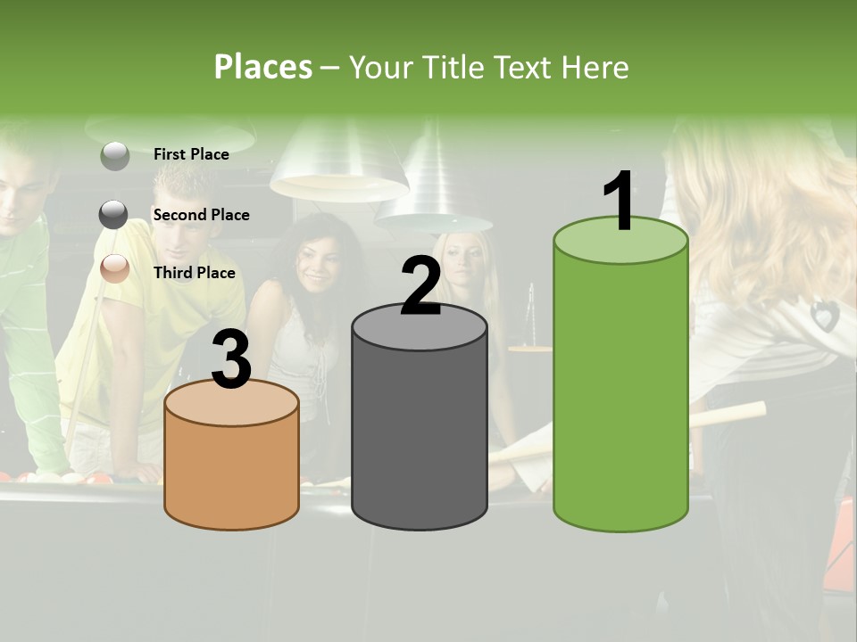 Large Group Of Teenagers Standing At Pool Table. Smiling And Looking At Right. One Person Is Playing Billard PowerPoint Template