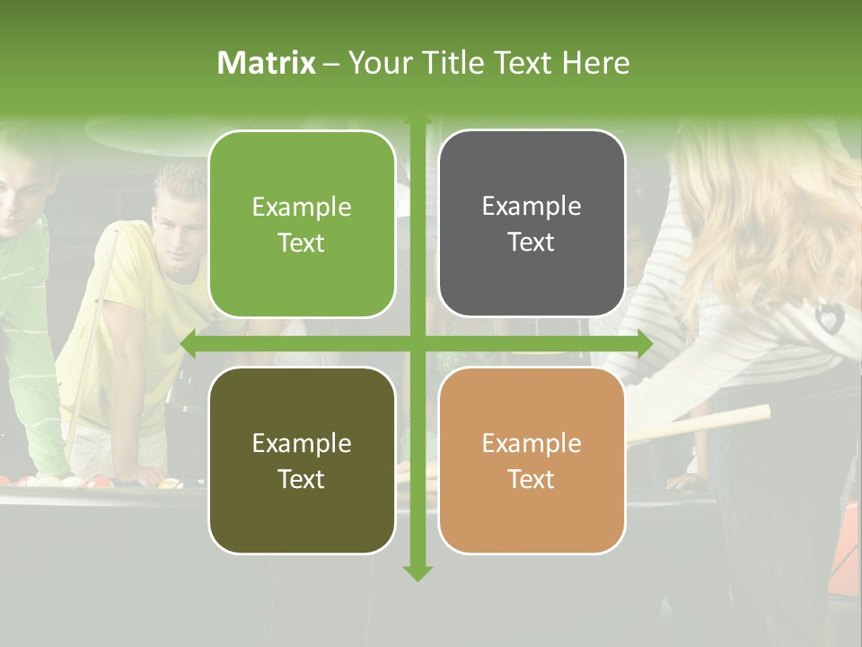 Large Group Of Teenagers Standing At Pool Table. Smiling And Looking At Right. One Person Is Playing Billard PowerPoint Template