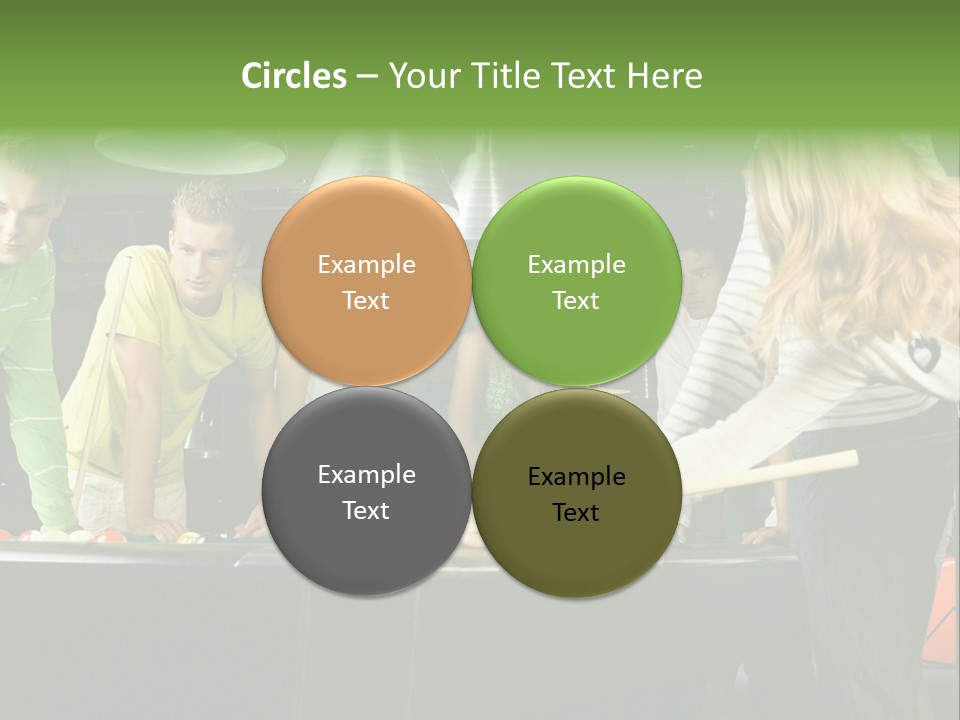 Large Group Of Teenagers Standing At Pool Table. Smiling And Looking At Right. One Person Is Playing Billard PowerPoint Template