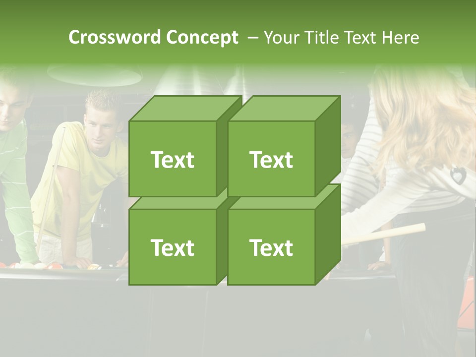 Large Group Of Teenagers Standing At Pool Table. Smiling And Looking At Right. One Person Is Playing Billard PowerPoint Template