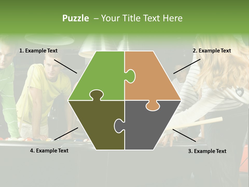Large Group Of Teenagers Standing At Pool Table. Smiling And Looking At Right. One Person Is Playing Billard PowerPoint Template