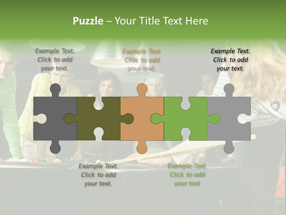 Large Group Of Teenagers Standing At Pool Table. Smiling And Looking At Right. One Person Is Playing Billard PowerPoint Template