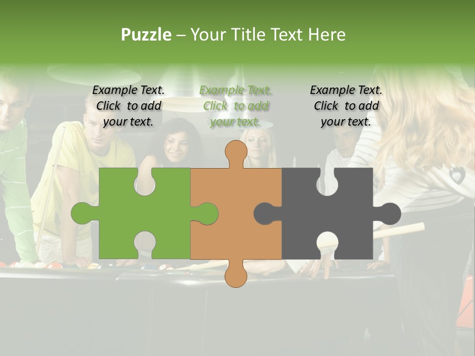 Large Group Of Teenagers Standing At Pool Table. Smiling And Looking At Right. One Person Is Playing Billard PowerPoint Template