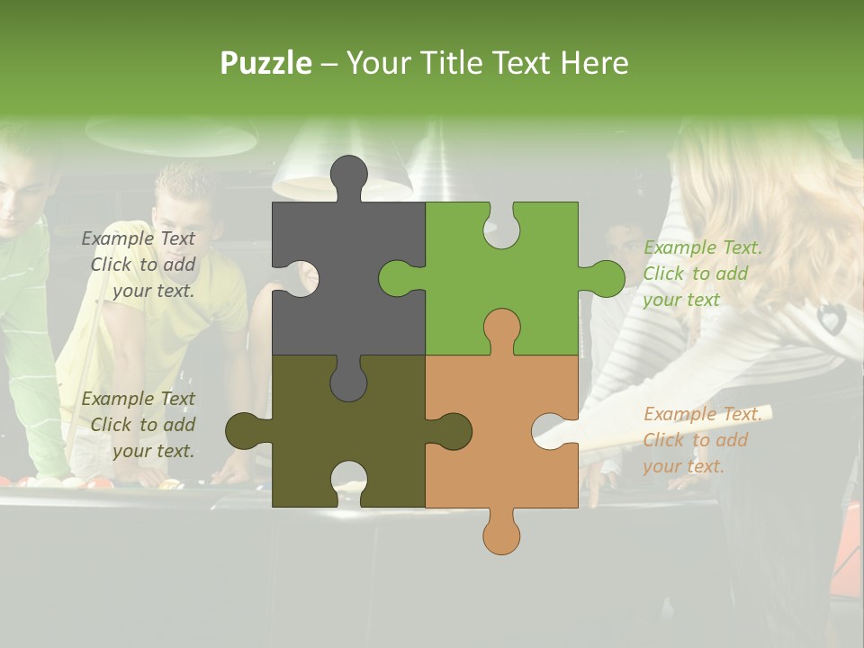 Large Group Of Teenagers Standing At Pool Table. Smiling And Looking At Right. One Person Is Playing Billard PowerPoint Template