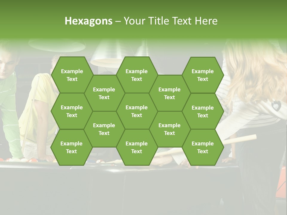 Large Group Of Teenagers Standing At Pool Table. Smiling And Looking At Right. One Person Is Playing Billard PowerPoint Template