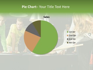 Large Group Of Teenagers Standing At Pool Table. Smiling And Looking At Right. One Person Is Playing Billard PowerPoint Template