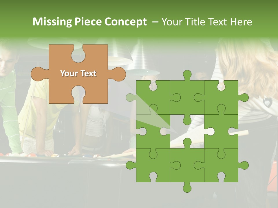 Large Group Of Teenagers Standing At Pool Table. Smiling And Looking At Right. One Person Is Playing Billard PowerPoint Template