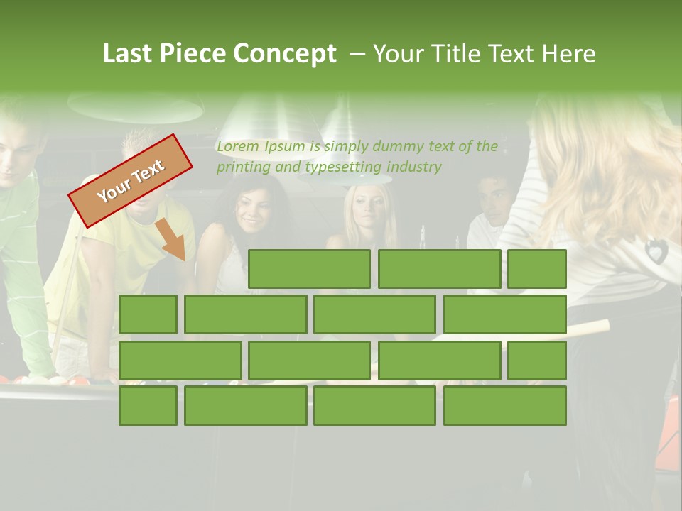 Large Group Of Teenagers Standing At Pool Table. Smiling And Looking At Right. One Person Is Playing Billard PowerPoint Template