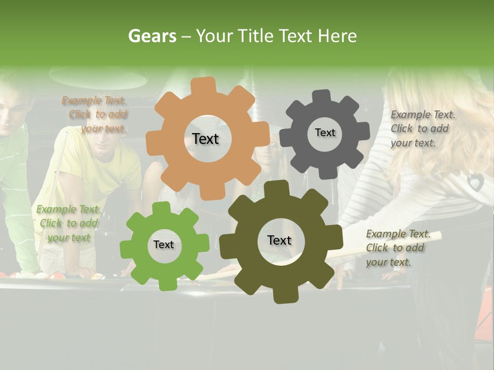 Large Group Of Teenagers Standing At Pool Table. Smiling And Looking At Right. One Person Is Playing Billard PowerPoint Template