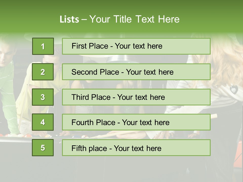 Large Group Of Teenagers Standing At Pool Table. Smiling And Looking At Right. One Person Is Playing Billard PowerPoint Template
