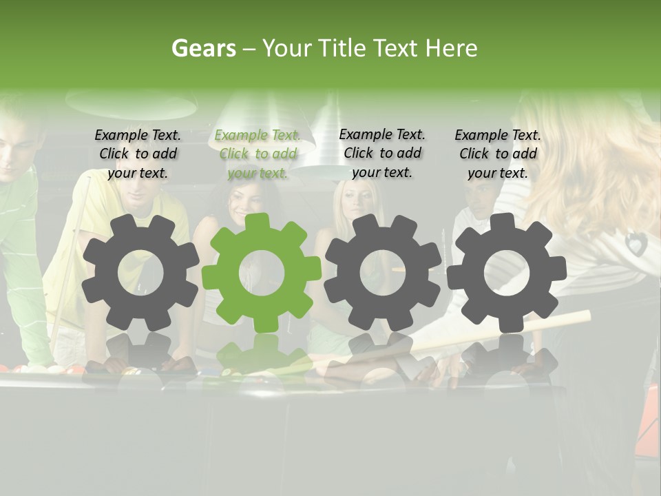 Large Group Of Teenagers Standing At Pool Table. Smiling And Looking At Right. One Person Is Playing Billard PowerPoint Template