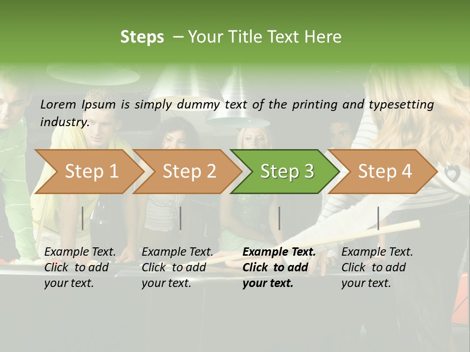 Large Group Of Teenagers Standing At Pool Table. Smiling And Looking At Right. One Person Is Playing Billard PowerPoint Template
