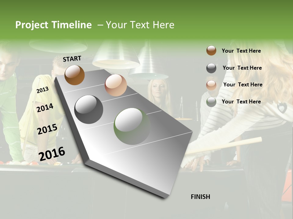 Large Group Of Teenagers Standing At Pool Table. Smiling And Looking At Right. One Person Is Playing Billard PowerPoint Template