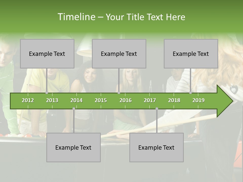 Large Group Of Teenagers Standing At Pool Table. Smiling And Looking At Right. One Person Is Playing Billard PowerPoint Template
