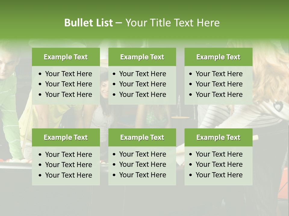 Large Group Of Teenagers Standing At Pool Table. Smiling And Looking At Right. One Person Is Playing Billard PowerPoint Template