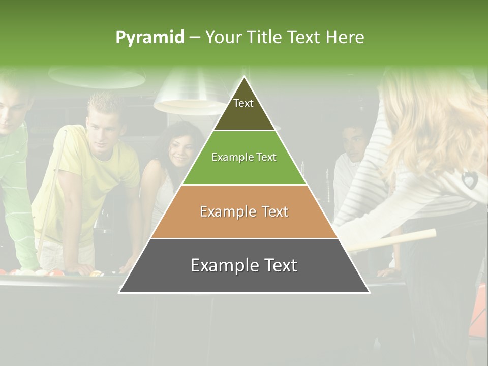 Large Group Of Teenagers Standing At Pool Table. Smiling And Looking At Right. One Person Is Playing Billard PowerPoint Template