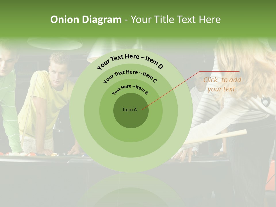 Large Group Of Teenagers Standing At Pool Table. Smiling And Looking At Right. One Person Is Playing Billard PowerPoint Template
