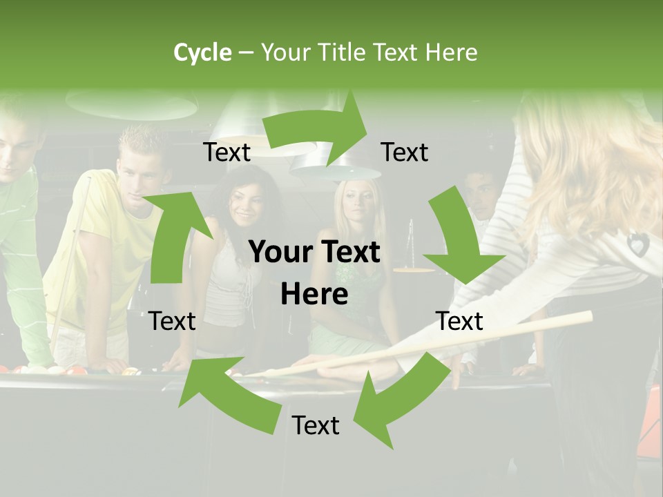 Large Group Of Teenagers Standing At Pool Table. Smiling And Looking At Right. One Person Is Playing Billard PowerPoint Template