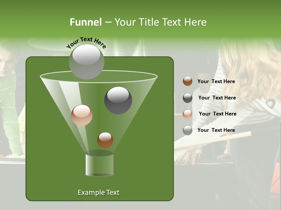 Large Group Of Teenagers Standing At Pool Table. Smiling And Looking At Right. One Person Is Playing Billard PowerPoint Template