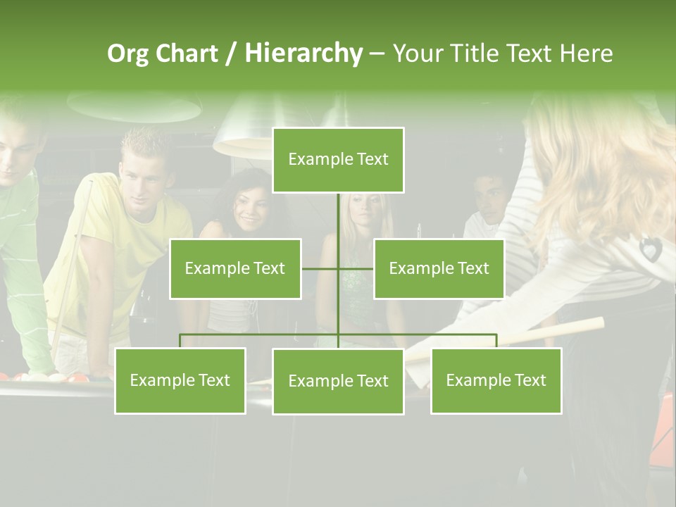 Large Group Of Teenagers Standing At Pool Table. Smiling And Looking At Right. One Person Is Playing Billard PowerPoint Template