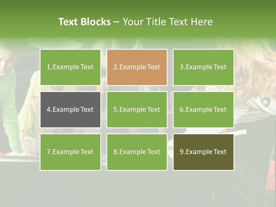 Large Group Of Teenagers Standing At Pool Table. Smiling And Looking At Right. One Person Is Playing Billard PowerPoint Template