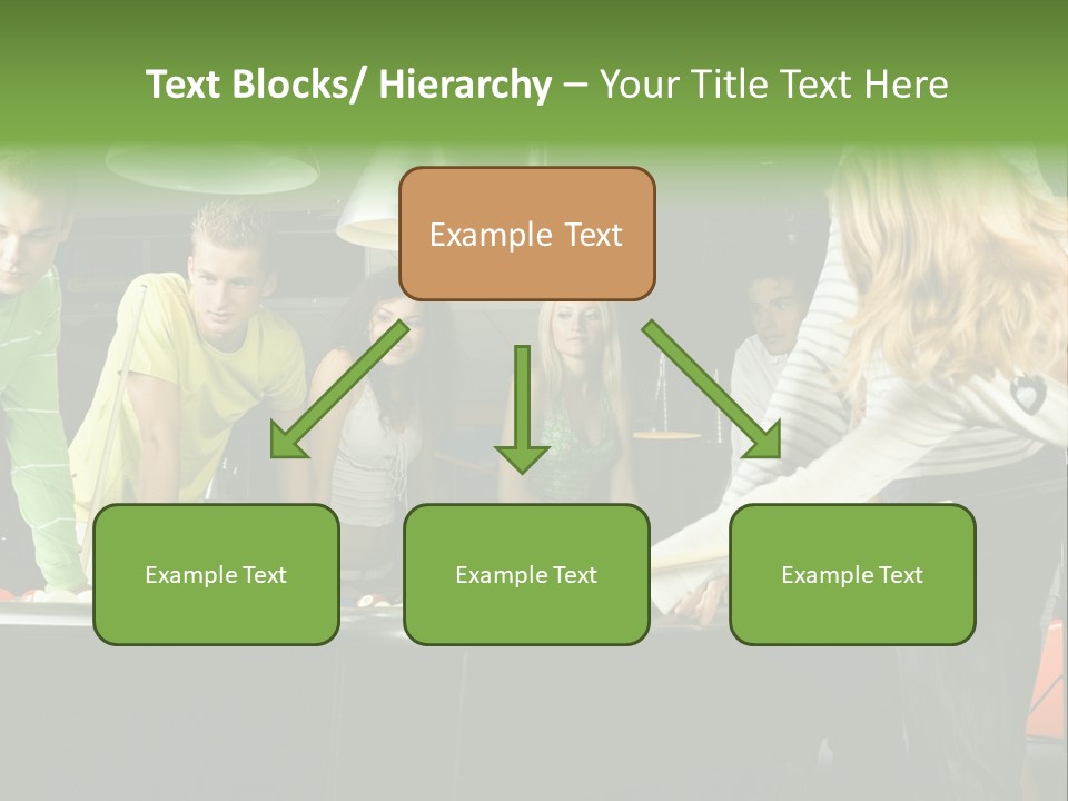 Large Group Of Teenagers Standing At Pool Table. Smiling And Looking At Right. One Person Is Playing Billard PowerPoint Template