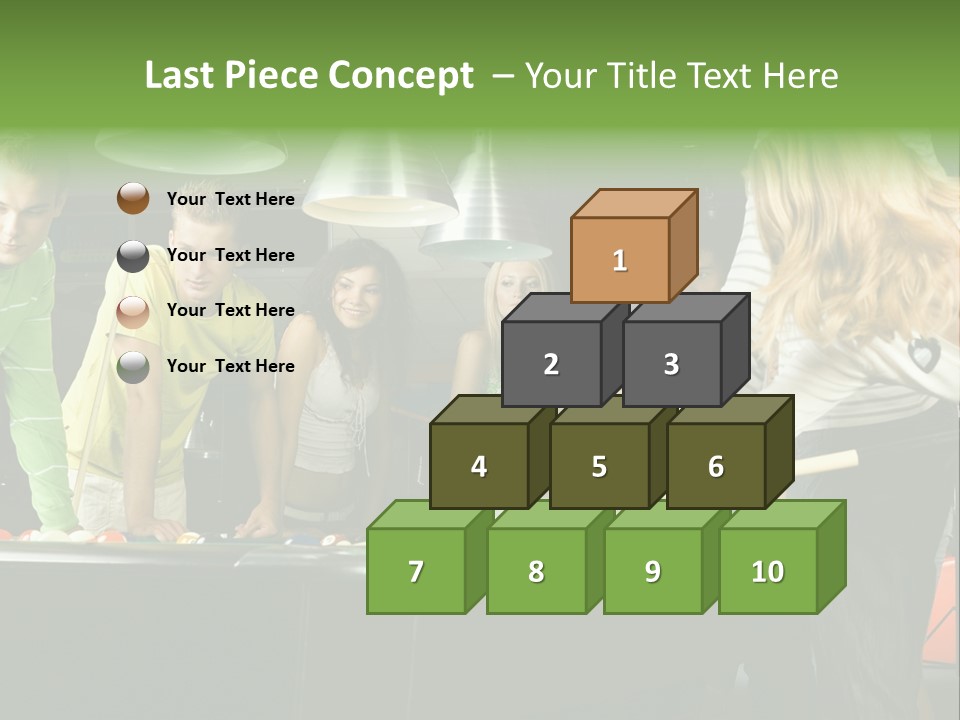 Large Group Of Teenagers Standing At Pool Table. Smiling And Looking At Right. One Person Is Playing Billard PowerPoint Template
