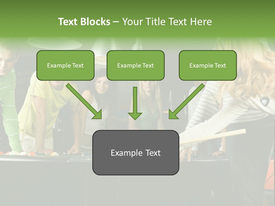 Large Group Of Teenagers Standing At Pool Table. Smiling And Looking At Right. One Person Is Playing Billard PowerPoint Template