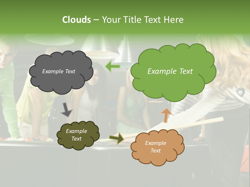 Large Group Of Teenagers Standing At Pool Table. Smiling And Looking At Right. One Person Is Playing Billard PowerPoint Template