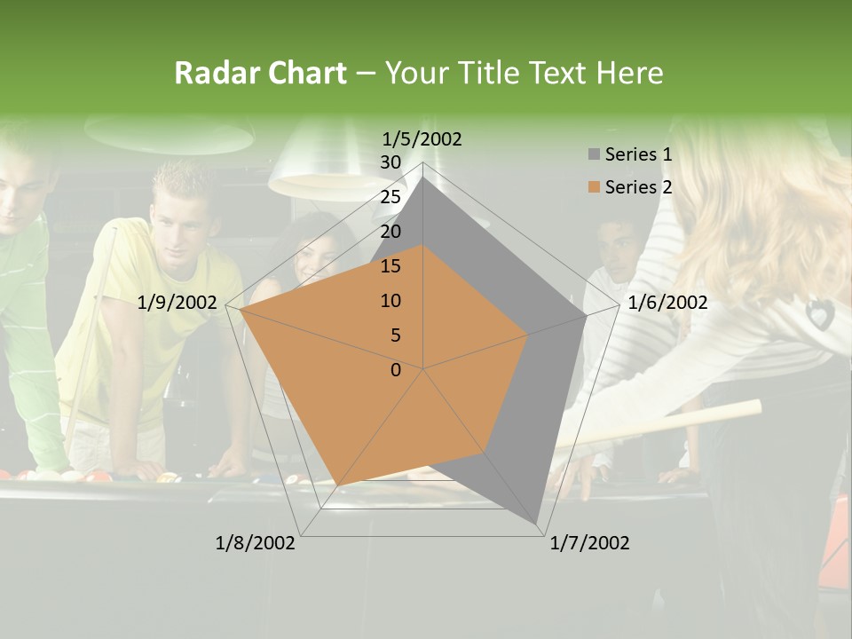 Large Group Of Teenagers Standing At Pool Table. Smiling And Looking At Right. One Person Is Playing Billard PowerPoint Template