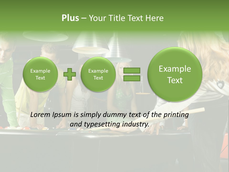Large Group Of Teenagers Standing At Pool Table. Smiling And Looking At Right. One Person Is Playing Billard PowerPoint Template