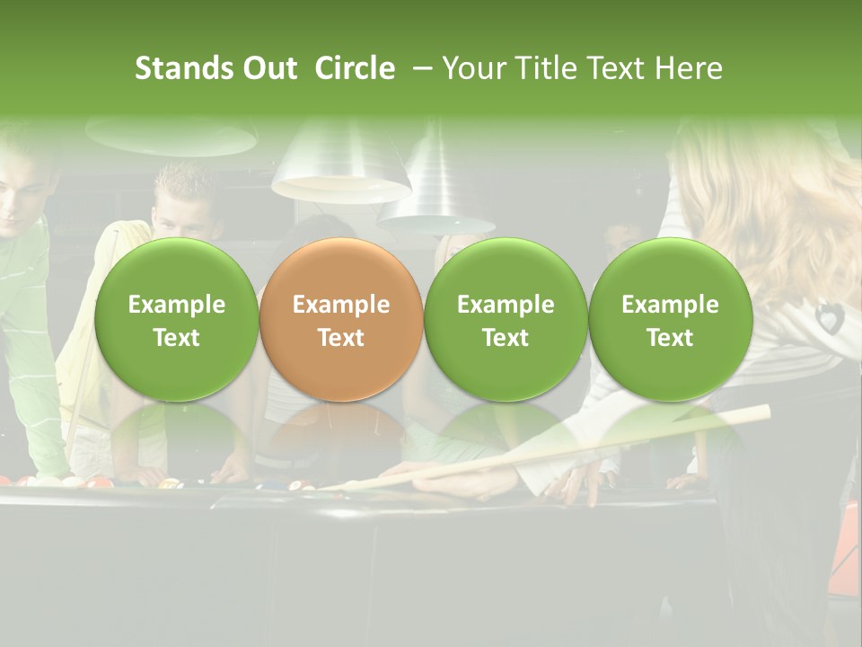 Large Group Of Teenagers Standing At Pool Table. Smiling And Looking At Right. One Person Is Playing Billard PowerPoint Template