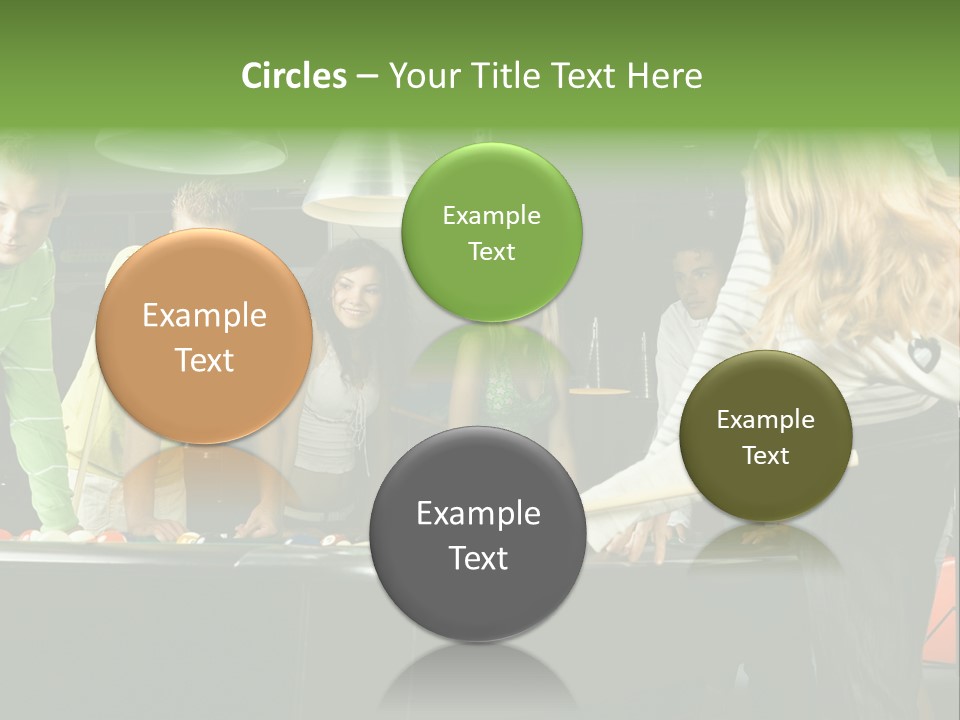 Large Group Of Teenagers Standing At Pool Table. Smiling And Looking At Right. One Person Is Playing Billard PowerPoint Template