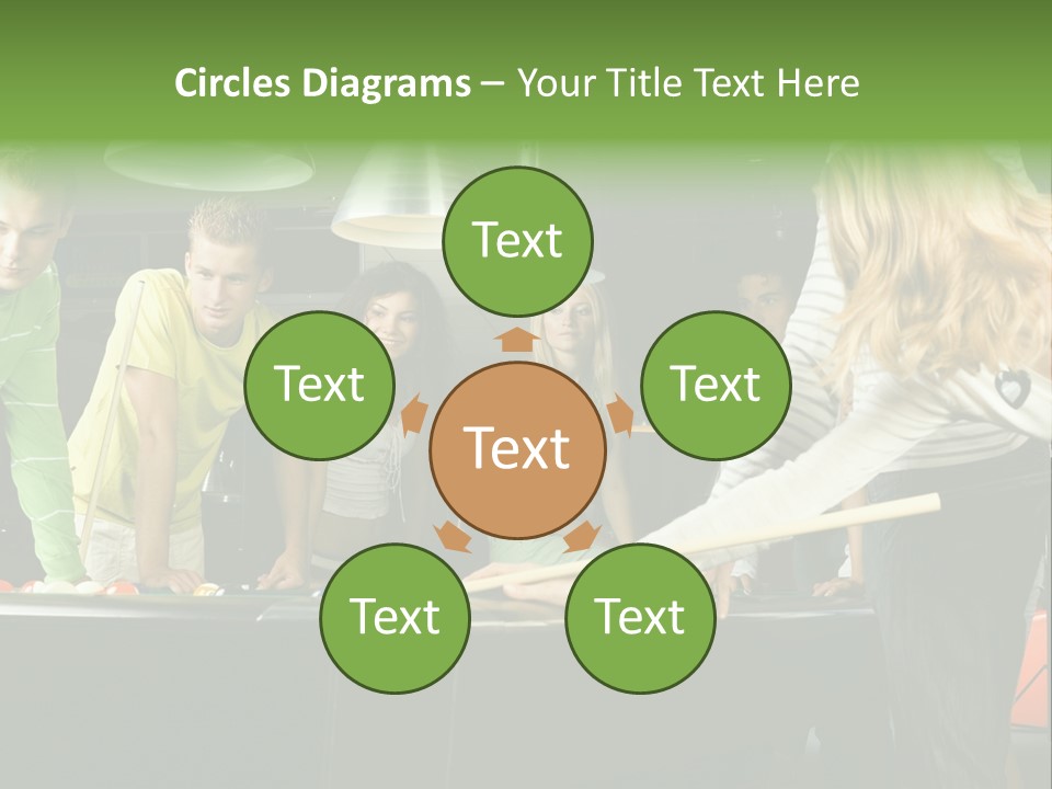 Large Group Of Teenagers Standing At Pool Table. Smiling And Looking At Right. One Person Is Playing Billard PowerPoint Template