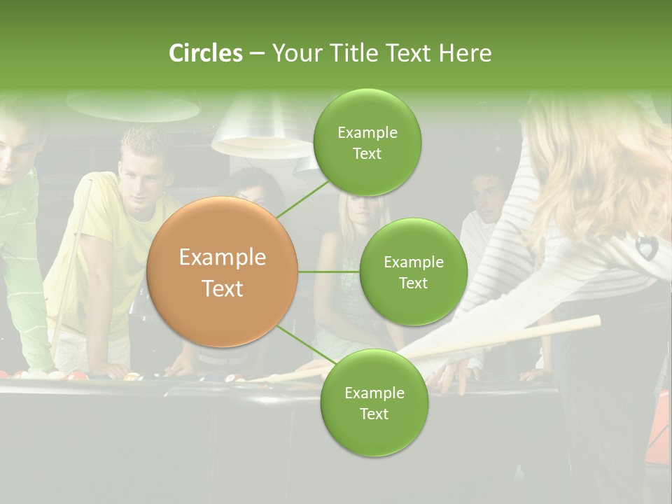 Large Group Of Teenagers Standing At Pool Table. Smiling And Looking At Right. One Person Is Playing Billard PowerPoint Template