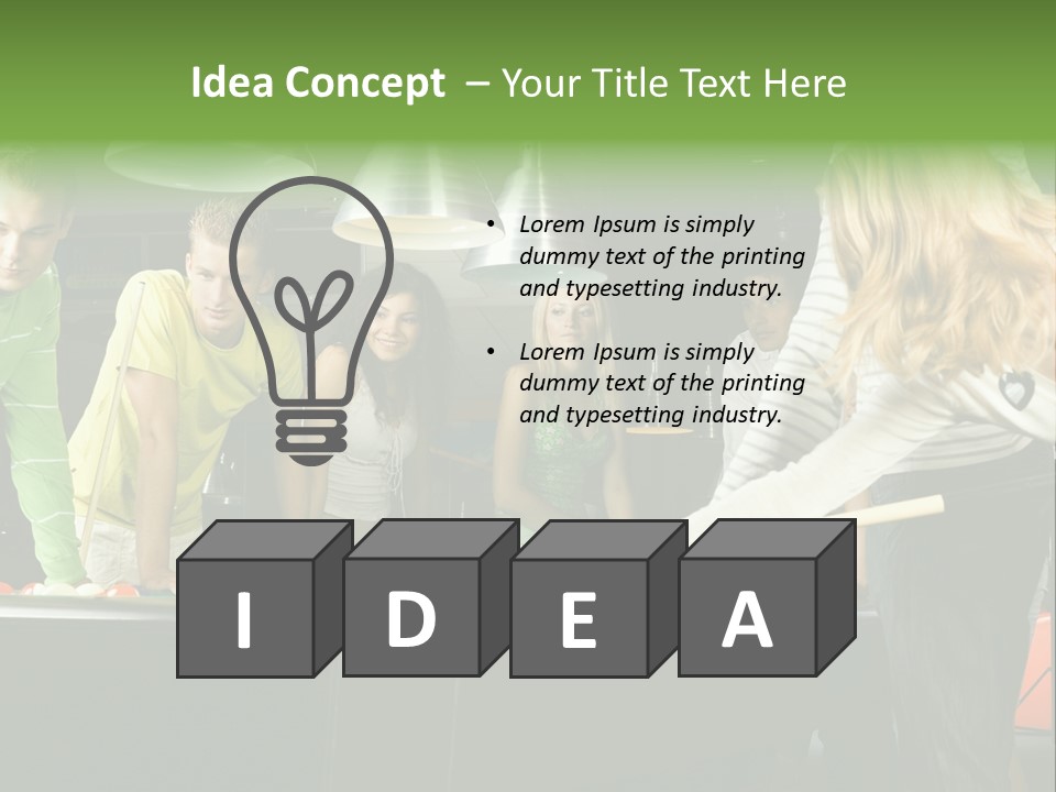 Large Group Of Teenagers Standing At Pool Table. Smiling And Looking At Right. One Person Is Playing Billard PowerPoint Template