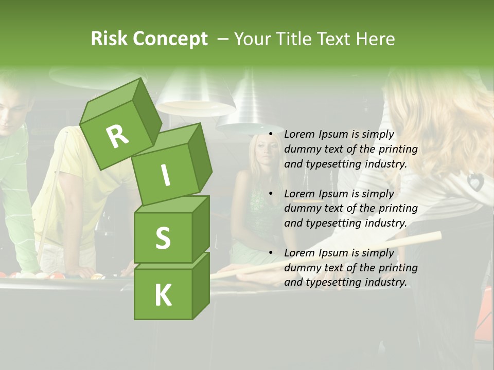 Large Group Of Teenagers Standing At Pool Table. Smiling And Looking At Right. One Person Is Playing Billard PowerPoint Template