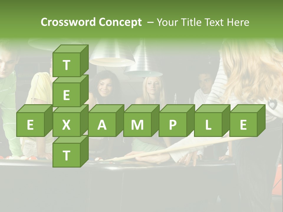 Large Group Of Teenagers Standing At Pool Table. Smiling And Looking At Right. One Person Is Playing Billard PowerPoint Template