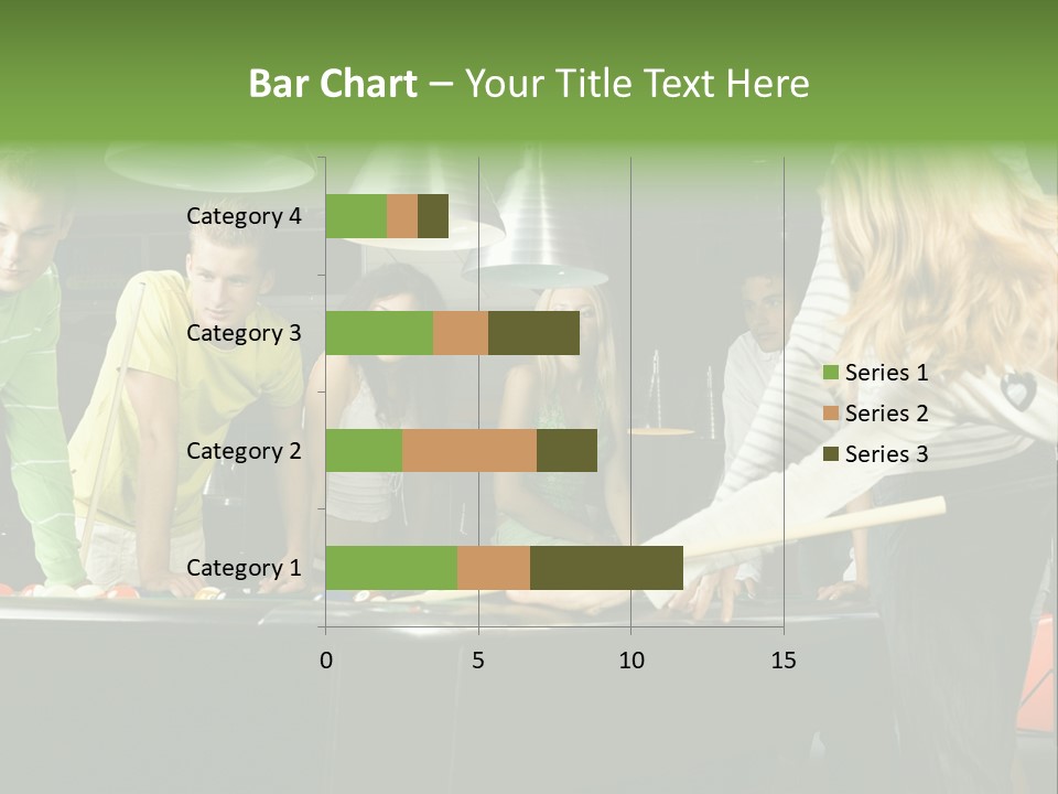 Large Group Of Teenagers Standing At Pool Table. Smiling And Looking At Right. One Person Is Playing Billard PowerPoint Template