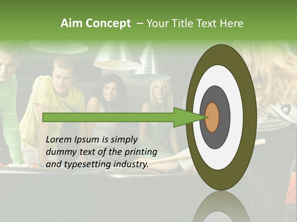 Large Group Of Teenagers Standing At Pool Table. Smiling And Looking At Right. One Person Is Playing Billard PowerPoint Template