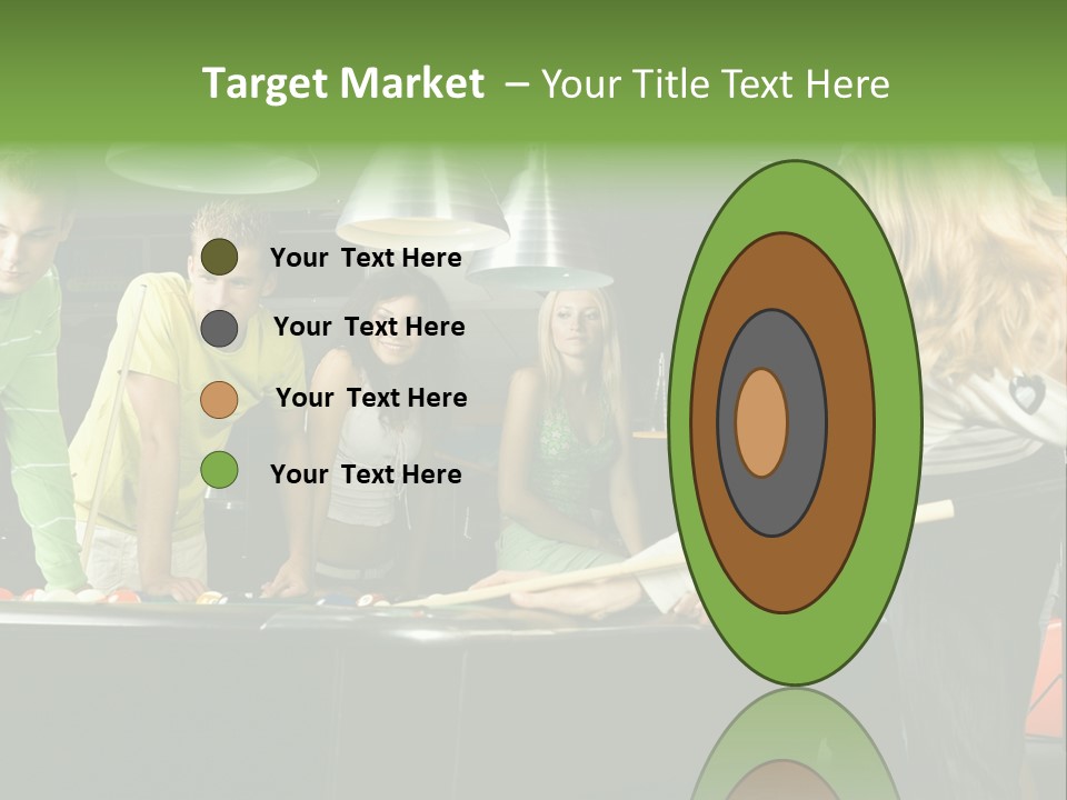 Large Group Of Teenagers Standing At Pool Table. Smiling And Looking At Right. One Person Is Playing Billard PowerPoint Template