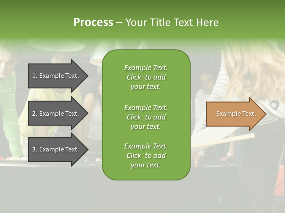 Large Group Of Teenagers Standing At Pool Table. Smiling And Looking At Right. One Person Is Playing Billard PowerPoint Template