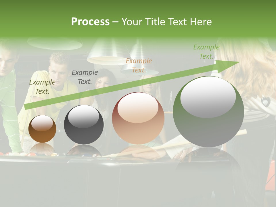 Large Group Of Teenagers Standing At Pool Table. Smiling And Looking At Right. One Person Is Playing Billard PowerPoint Template