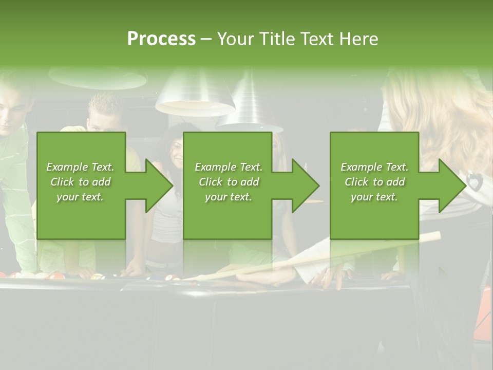 Large Group Of Teenagers Standing At Pool Table. Smiling And Looking At Right. One Person Is Playing Billard PowerPoint Template