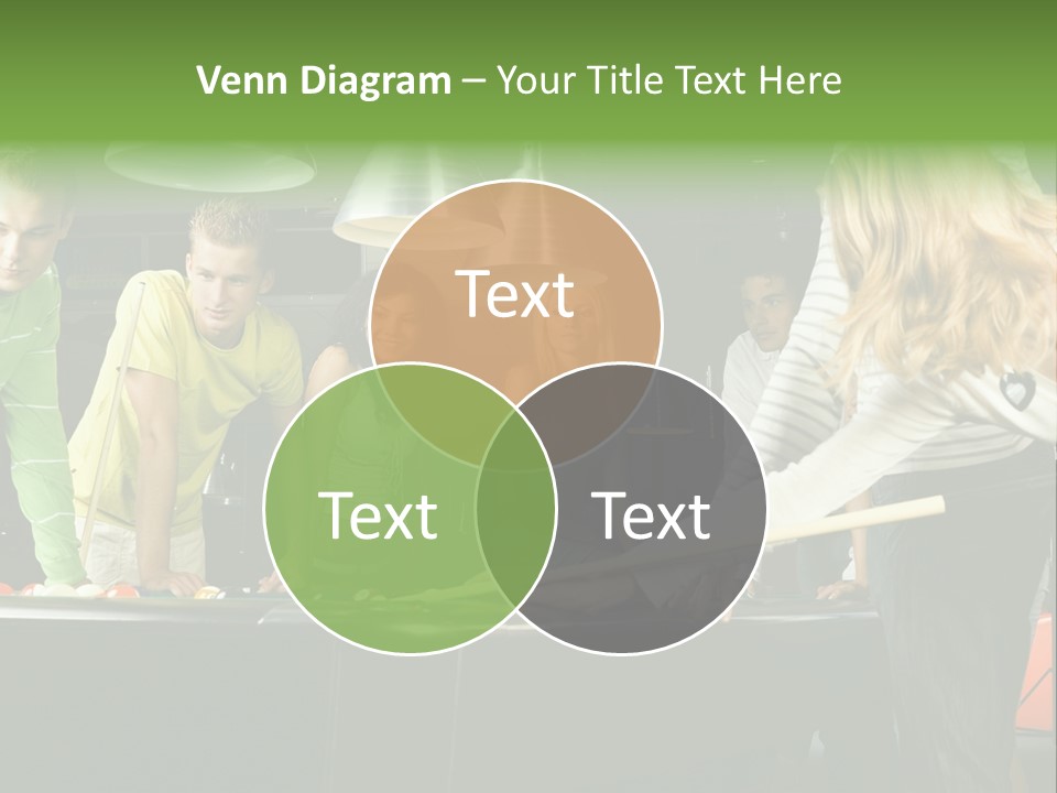Large Group Of Teenagers Standing At Pool Table. Smiling And Looking At Right. One Person Is Playing Billard PowerPoint Template