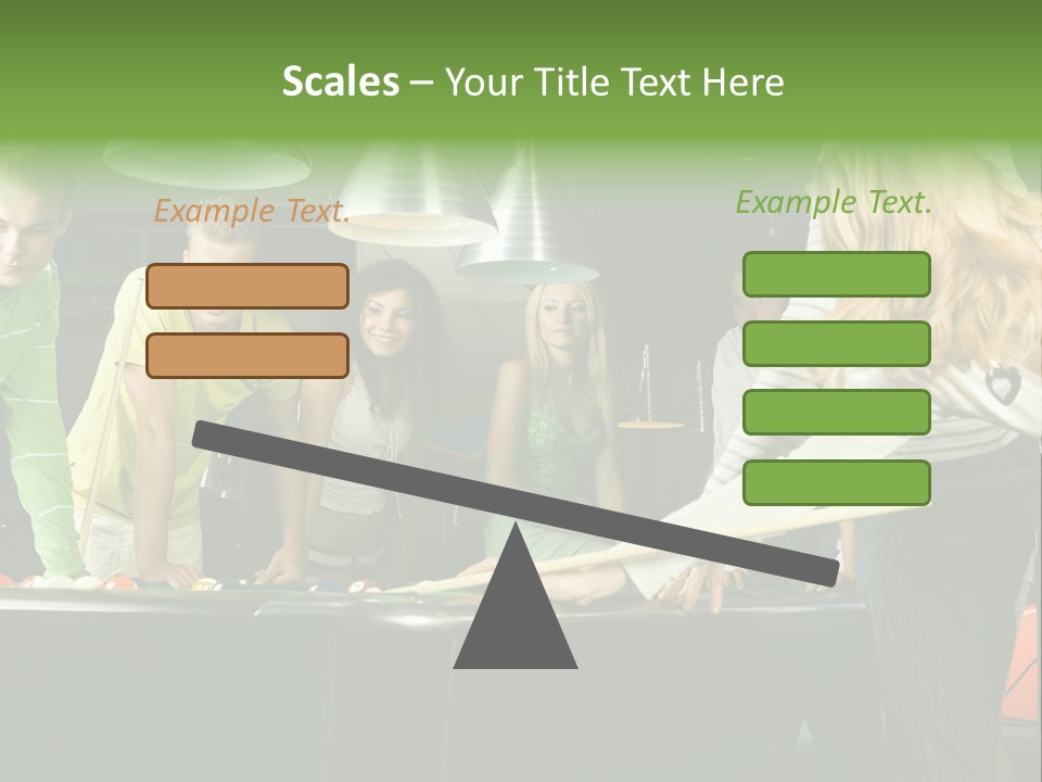 Large Group Of Teenagers Standing At Pool Table. Smiling And Looking At Right. One Person Is Playing Billard PowerPoint Template