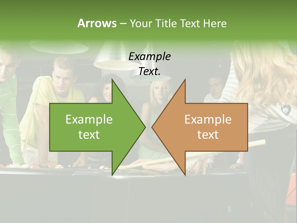 Large Group Of Teenagers Standing At Pool Table. Smiling And Looking At Right. One Person Is Playing Billard PowerPoint Template