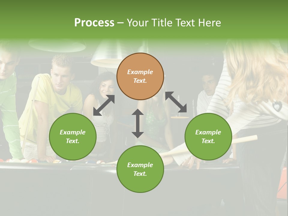Large Group Of Teenagers Standing At Pool Table. Smiling And Looking At Right. One Person Is Playing Billard PowerPoint Template