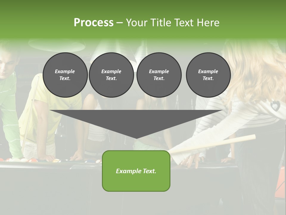 Large Group Of Teenagers Standing At Pool Table. Smiling And Looking At Right. One Person Is Playing Billard PowerPoint Template