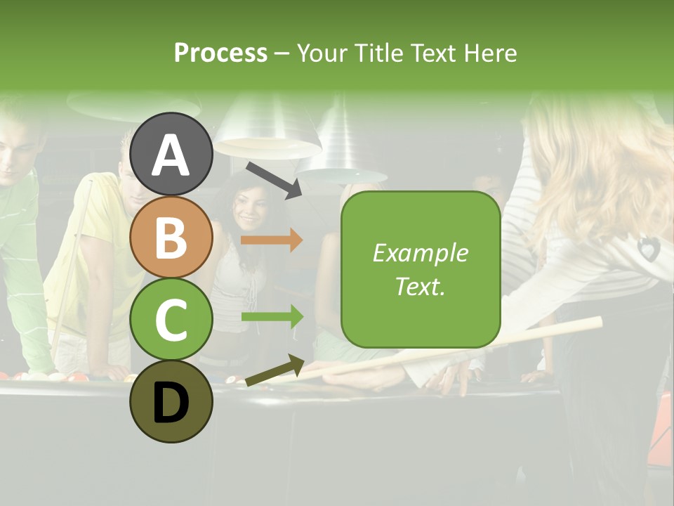 Large Group Of Teenagers Standing At Pool Table. Smiling And Looking At Right. One Person Is Playing Billard PowerPoint Template